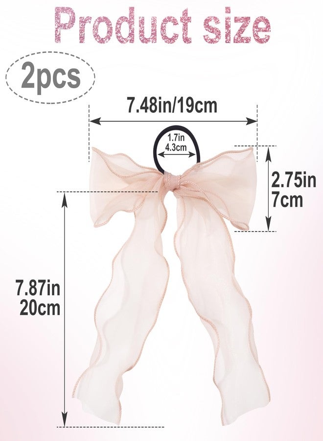 STSTR 2Pcs Large Bow Hair Ties, Pink Organza Ribbon Bow Hair Scrunchies for Women, Elegant Long Tail Bowknot Ponytail Holder French Hair Accessories for Wedding, Parties, Festivals - Image 2